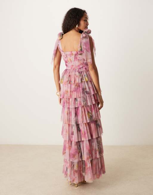 Lace & Beads bow shoulder tiered tulle maxi dress in pink floral, 3 of 4