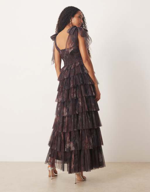 Lace & Beads bow shoulder tiered tulle maxi dress in plum floral, 2 of 4