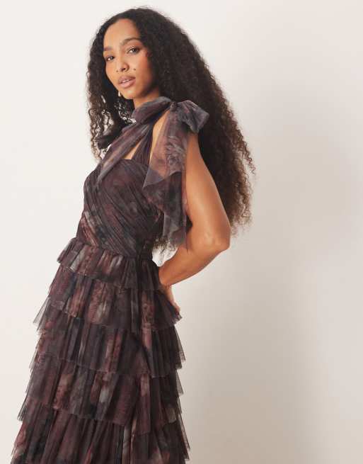Lace & Beads bow shoulder tiered tulle maxi dress in plum floral, 3 of 4