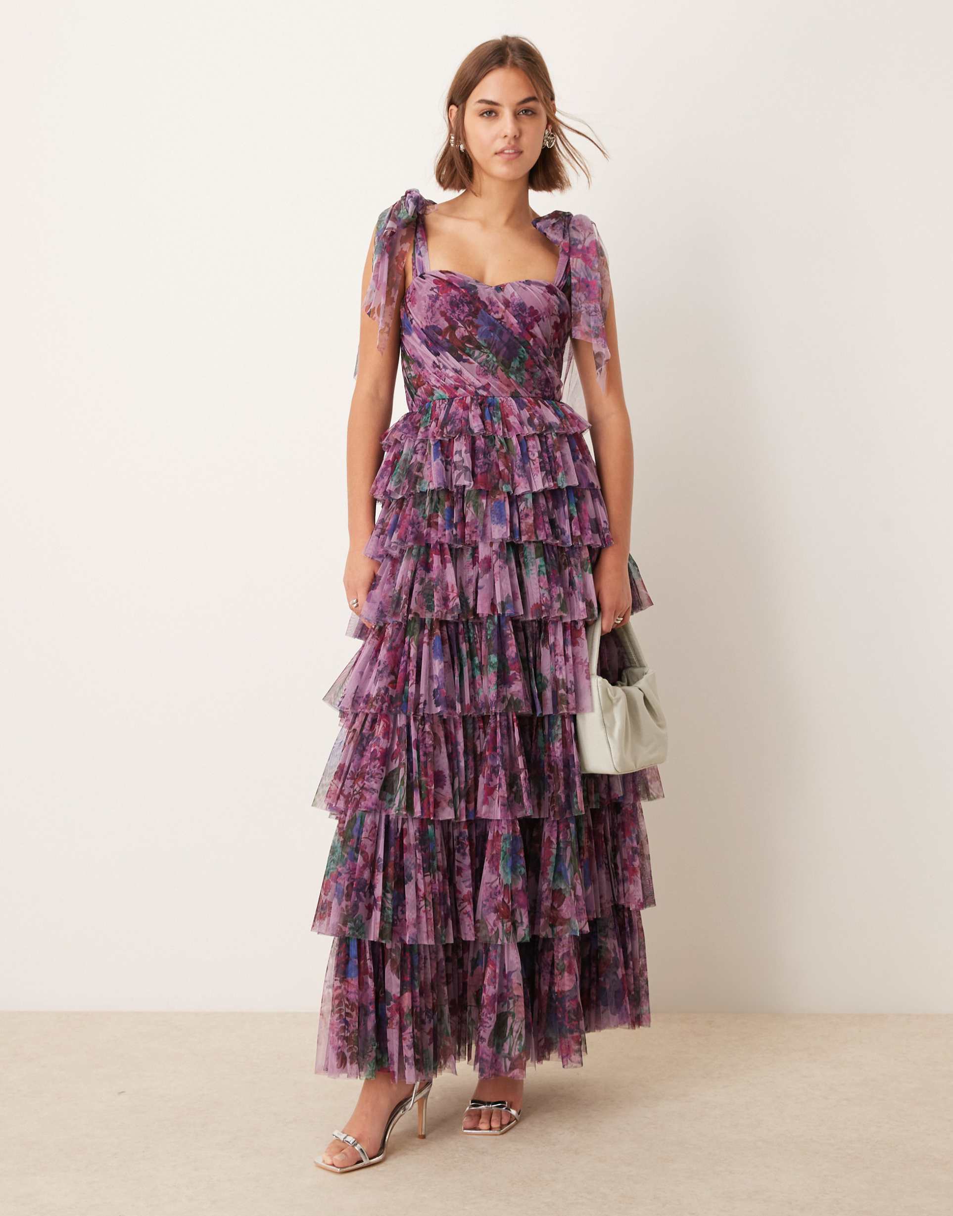 lace & beads bow shoulder tiered tulle maxi dress in purple floral