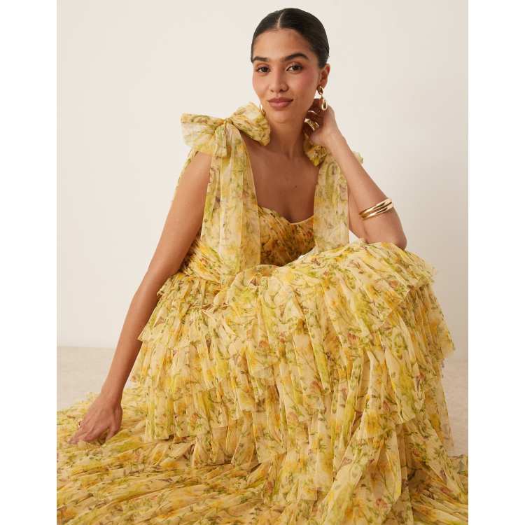 Lace Beads bow shoulder tiered tulle maxi dress in yellow floral