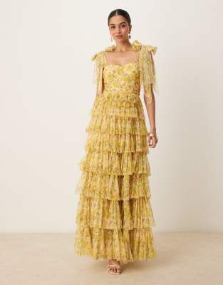 Lace & Beads Bow Shoulder Tiered Tulle Maxi Dress In Yellow