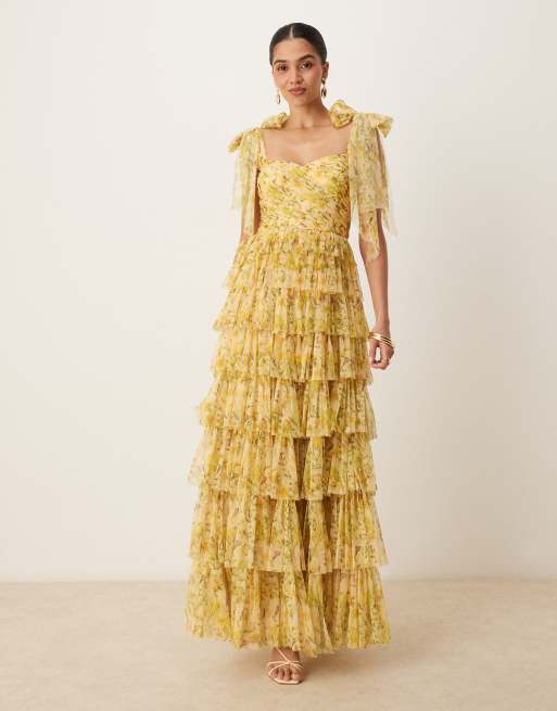 Lace & Beads bow shoulder tiered tulle maxi dress in yellow floral