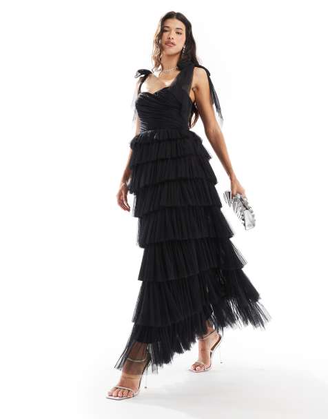 Lace & Beads bow shoulder tulle maxi dress in black