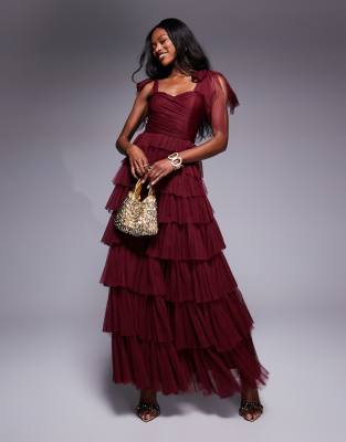 bow shoulder tulle maxi dress in burgundy-Red