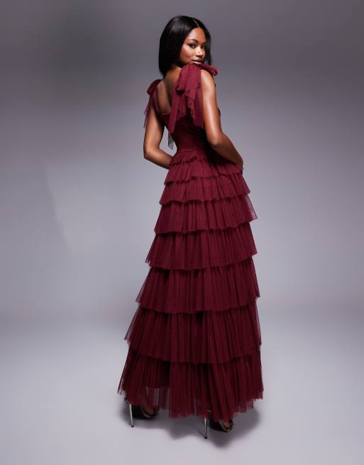 Lace & Beads bow shoulder tulle maxi dress in burgundy