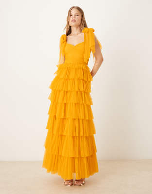 Lace & Beads bow shoulder tulle maxi dress in butterscotch-Yellow