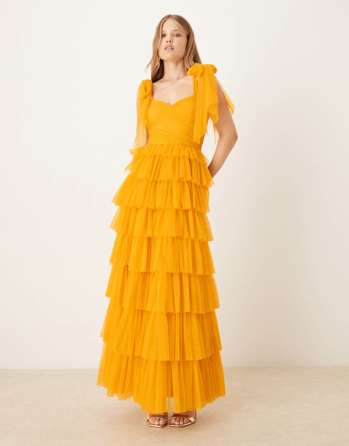 Lace & Beads bow shoulder tulle maxi dress in butterscotch