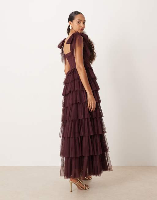Lace & Beads bow shoulder tulle maxi dress in plum, 2 of 4