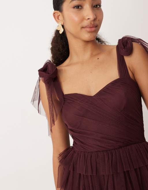 Lace & Beads bow shoulder tulle maxi dress in plum, 3 of 4