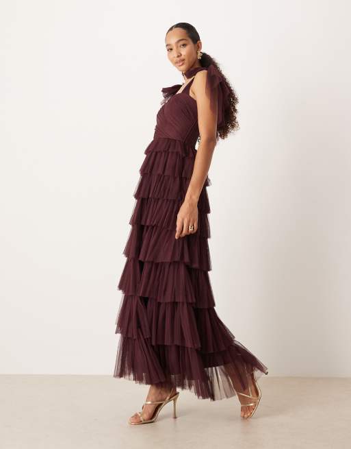 Lace & Beads bow shoulder tulle maxi dress in plum, 4 of 4