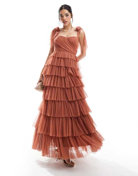 Lace & Beads bow shoulder tulle maxi dress in terracotta - view 1