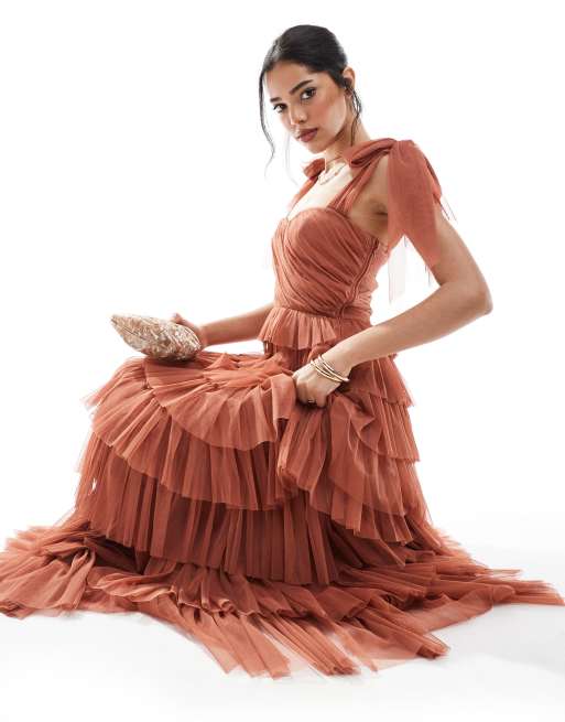 Lace & Beads bow shoulder tulle maxi dress in terracotta, 4 of 4