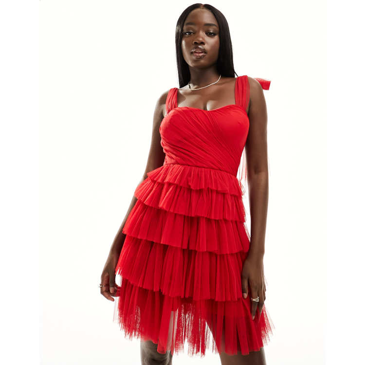 Ruffled Tulle Mini Dress in Red Bean