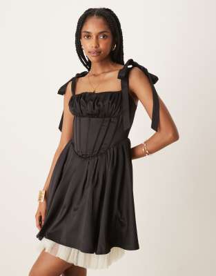 Lace & Beads Bow Shoulders Corset Tulle Mini Dress