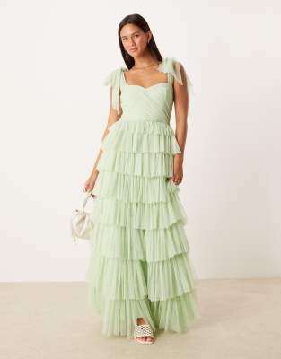 bow shoulders ruffle maxi dress in pistachio-Green