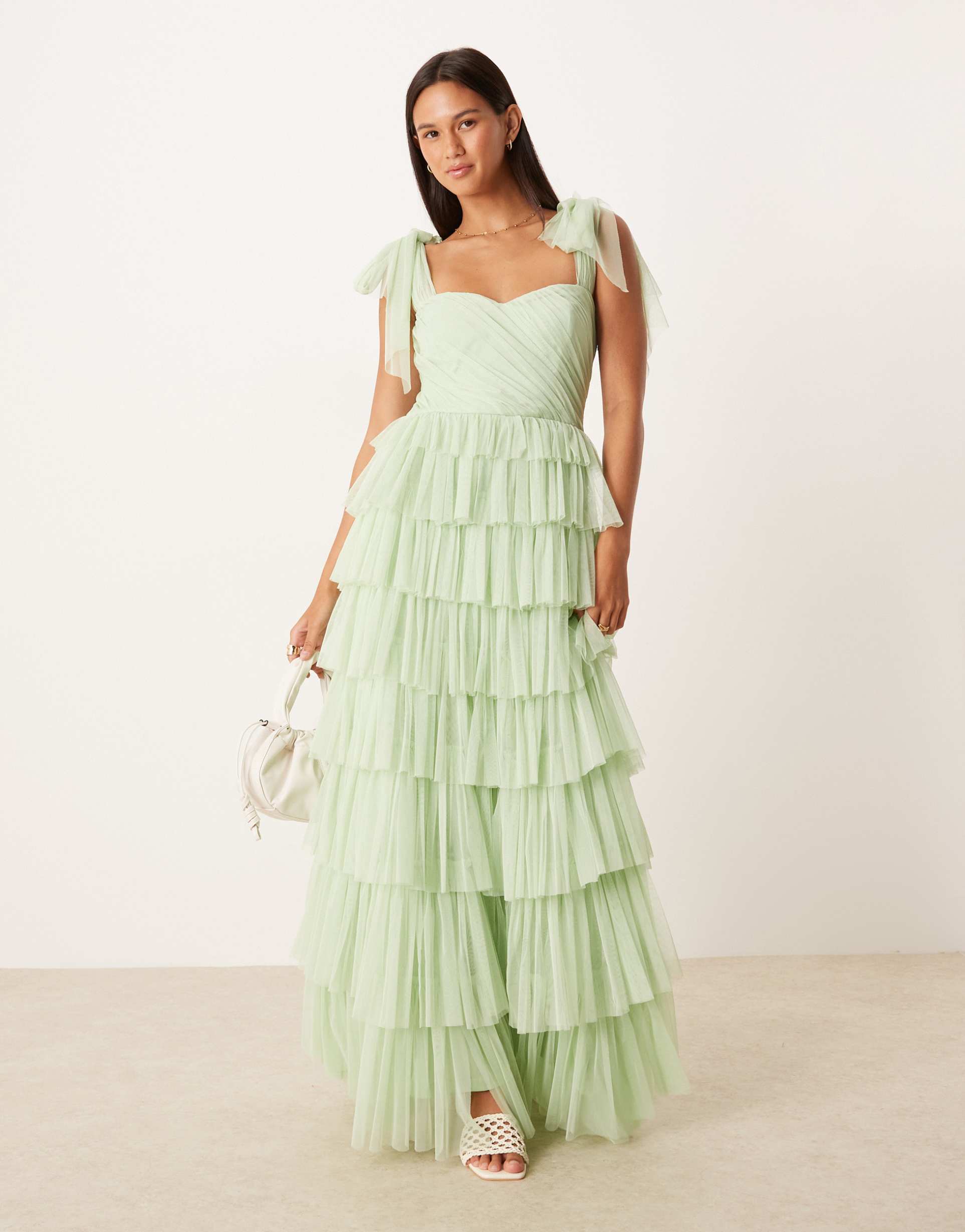 lace & beads bow shoulders ruffle maxi dress in pistachio