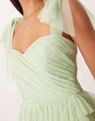 Lace & Beads Bow Shoulders Ruffle Maxi Dress In Green
