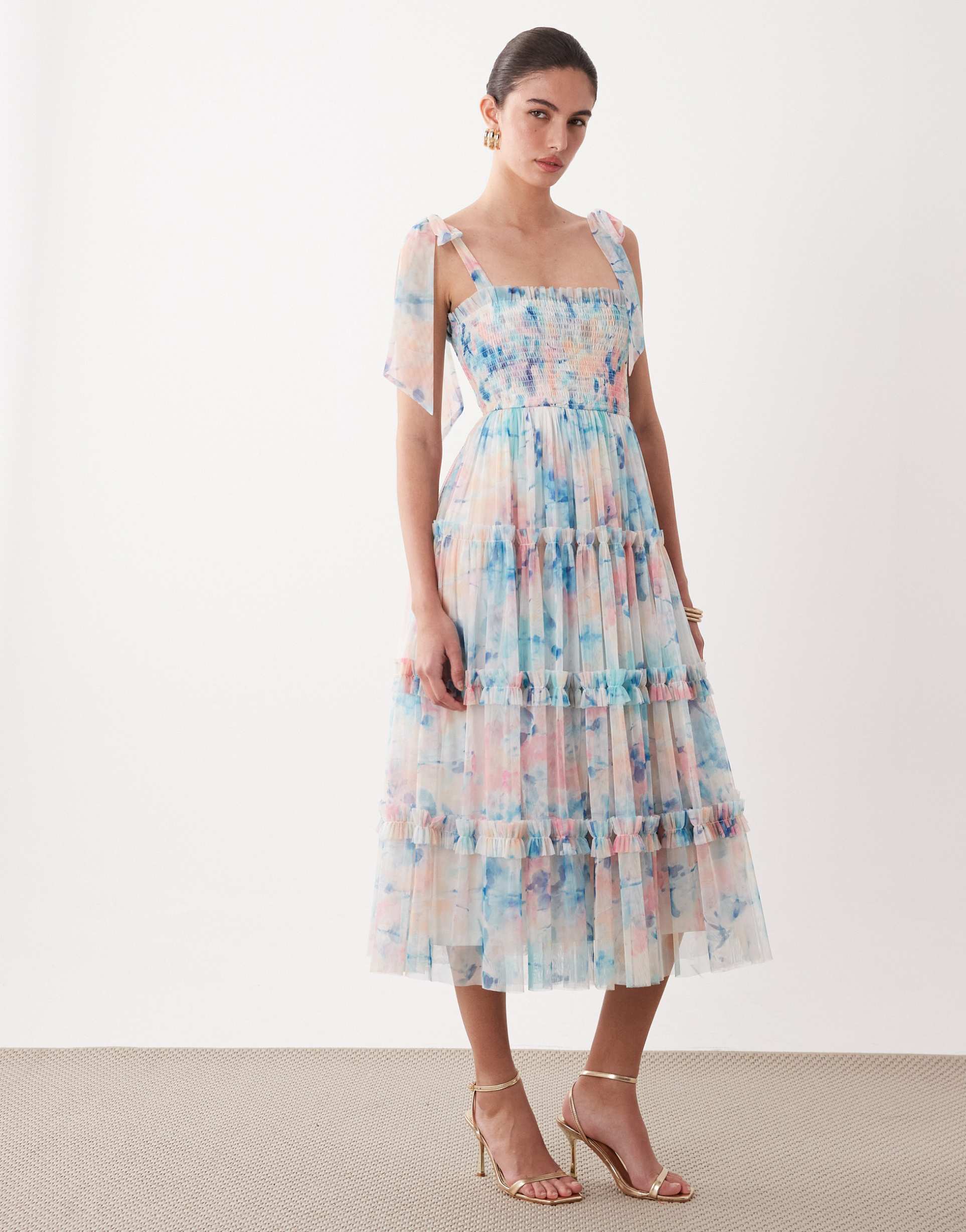 lace & beads bow shoulders shirred ruffle midi dress in blue abstract floral print