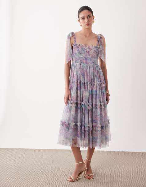 Lace & Beads bow shoulders shirred ruffle midi dress in purple abstract print - view 1