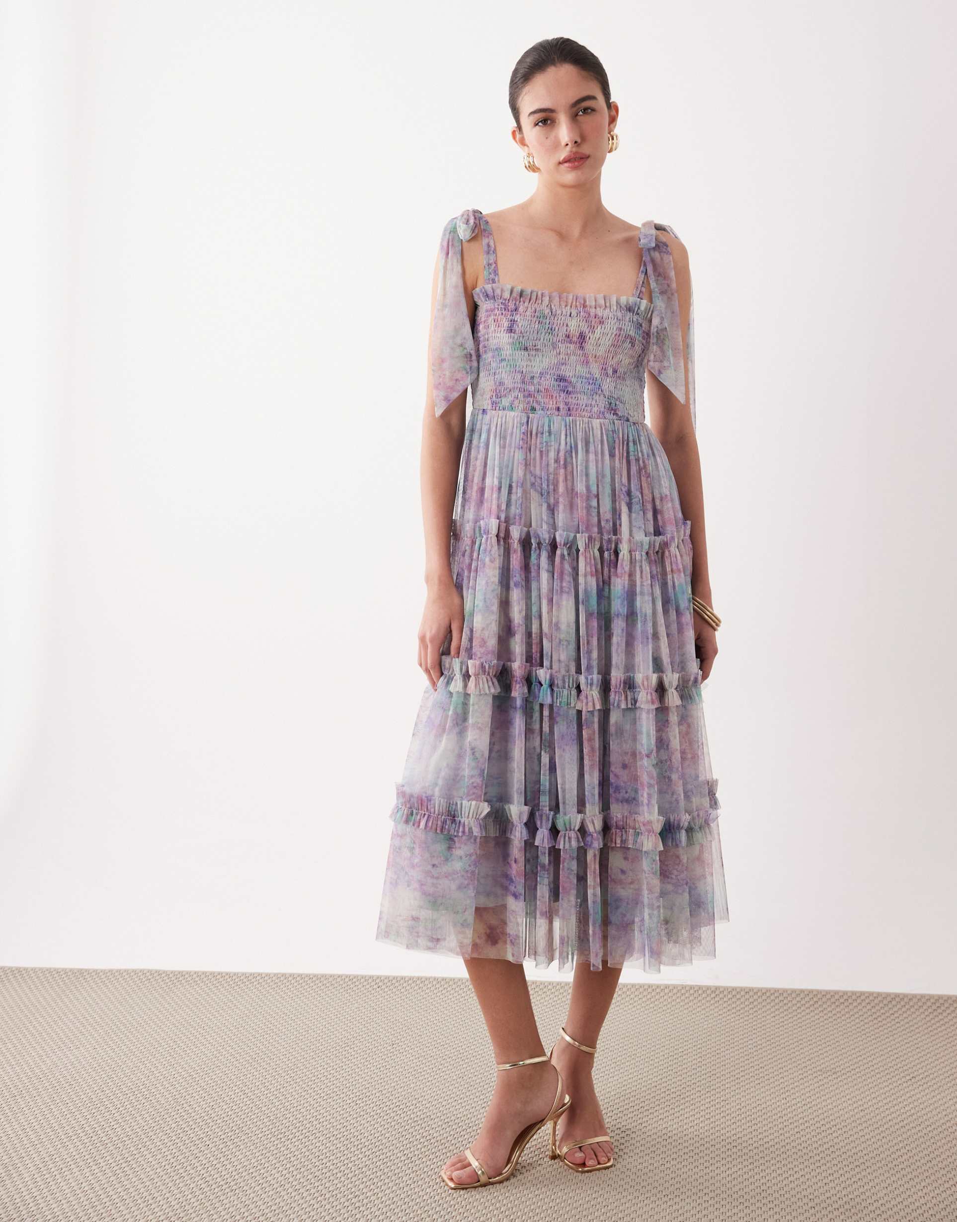 lace & beads bow shoulders shirred ruffle midi dress in purple abstract print