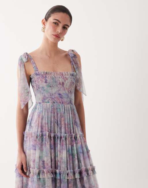 Lace & Beads bow shoulders shirred ruffle midi dress in purple abstract print, 2 of 4