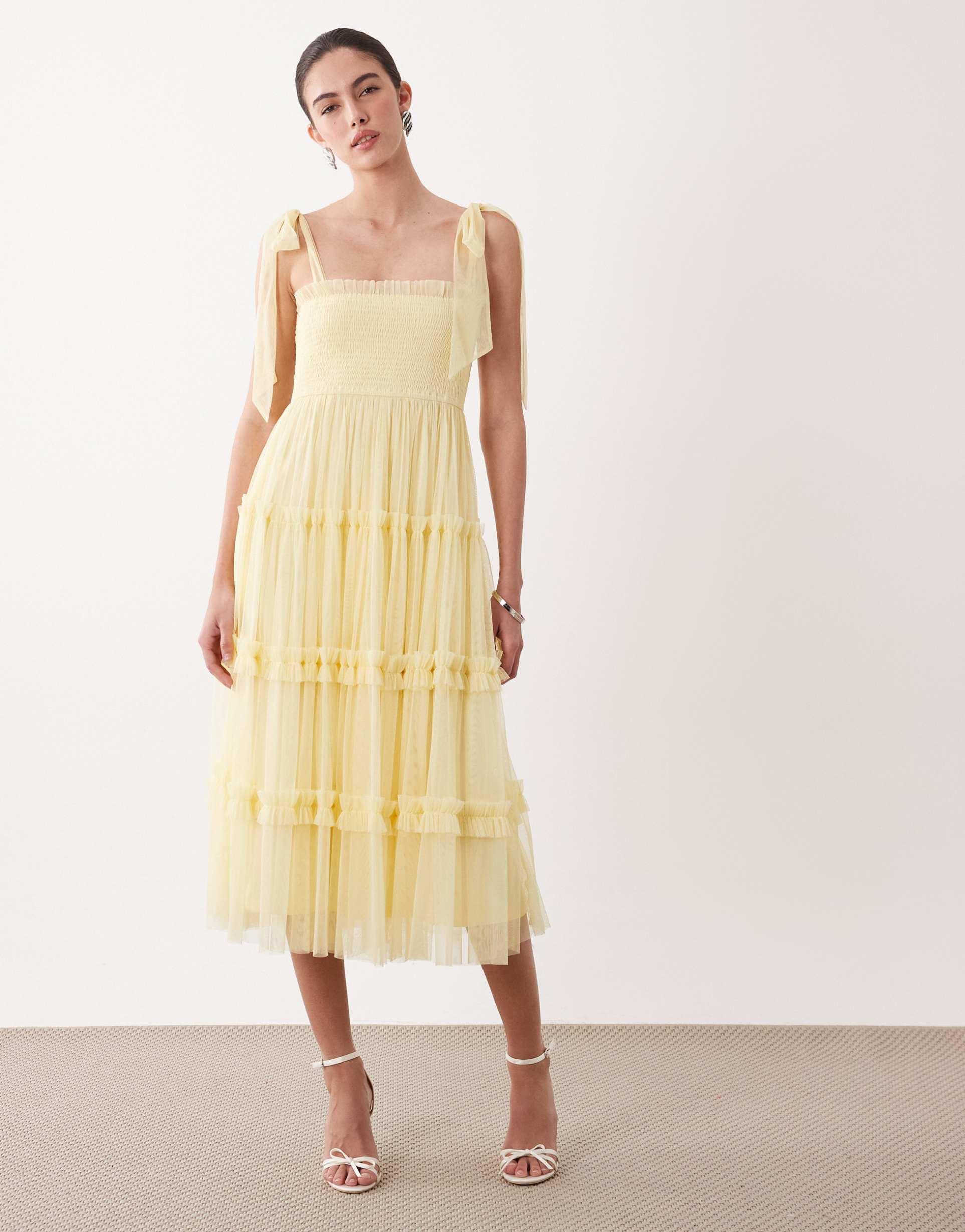 lace & beads bow shoulders shirred ruffled midi dress in lemon