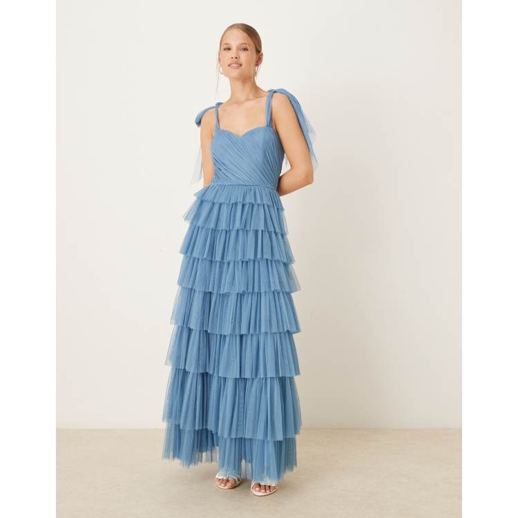 パーティードレス Solie Tulle Insert Cut Out Blue Dress Lace & Beads bow shoulders tiered tulle maxi dress in blue