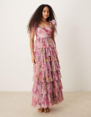 Lace & Beads Bow Shoulders Tiered Tulle Maxi Dress