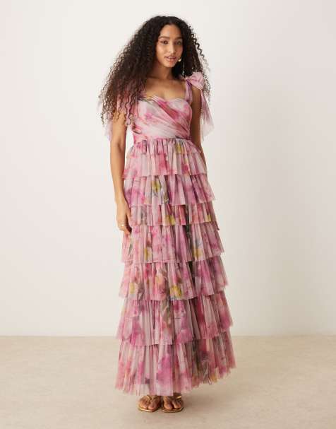 Lace & Beads bow shoulders tiered tulle maxi dress in pink floral - view 1