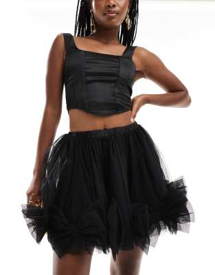 Lace & Beads Bow Tulle Mini Skirt In Black