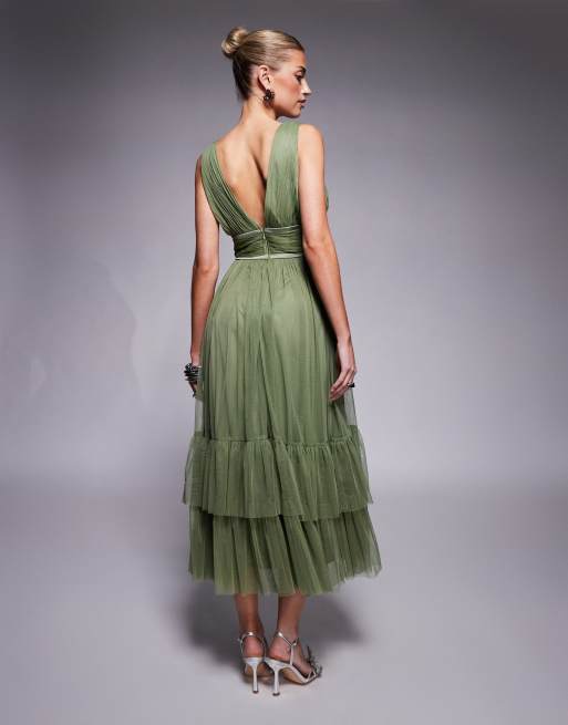 Lace & Beads bow waist tiered tulle midaxi dress in soft olive, 3 of 4