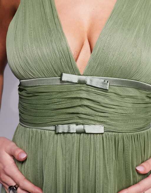 Lace & Beads bow waist tiered tulle midaxi dress in soft olive, 4 of 4