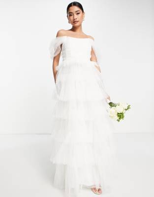 Lace & Beads Bridal bardot corset overlay tiered maxi dress in ivory | ASOS