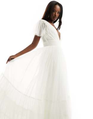 Lace & Beads Bridal Madison V Neck Tulle Maxi Dress In Ivory-white