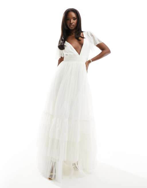Lace & Beads Bridal Madison v neck tulle maxi dress in ivory