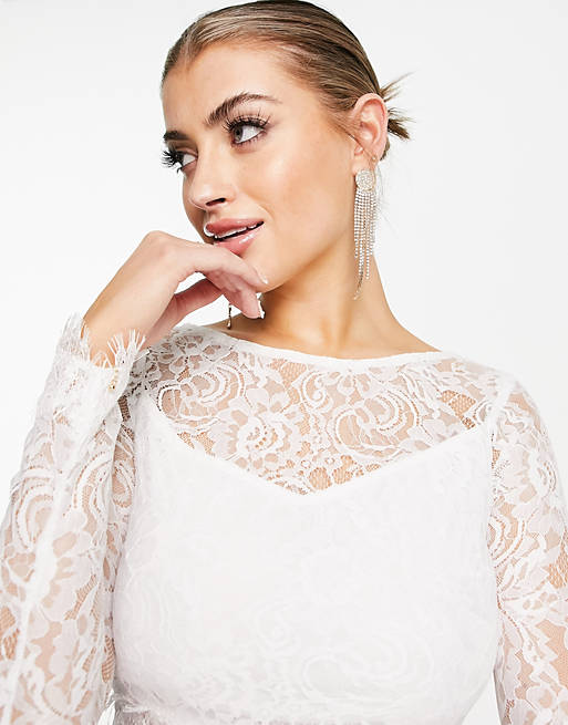 Women Lace & Beads Bridal Mix & Match long sleeve lace top co-ord in ivory 
