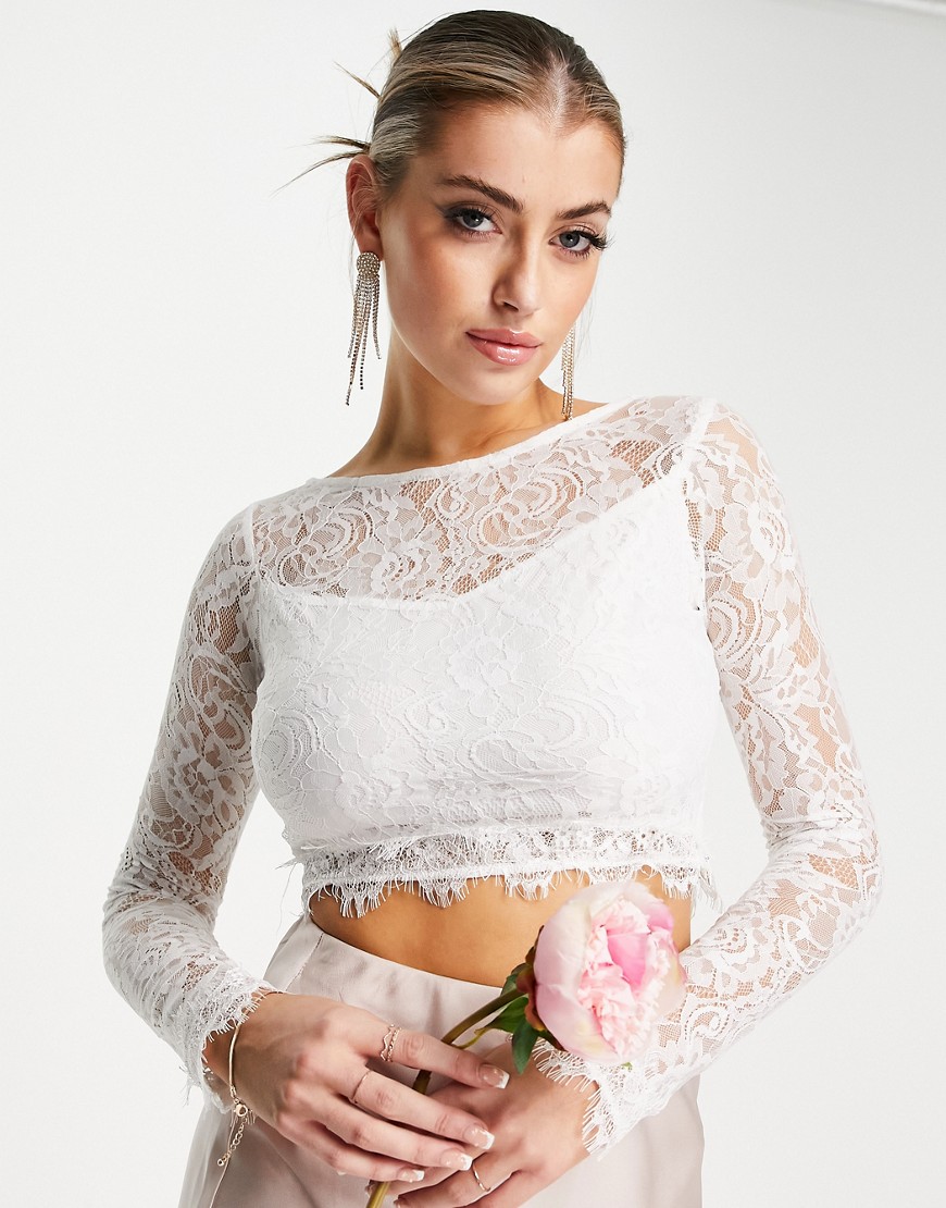 Lace & Beads Bridal mix & match long sleeve lace top in ivory - part of a set-White
