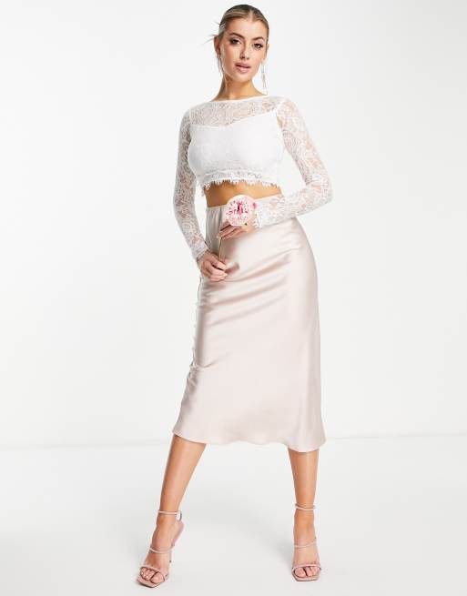 Lace & Beads Bridal mix & match long sleeve lace top in ivory - part of a set, 3 of 4