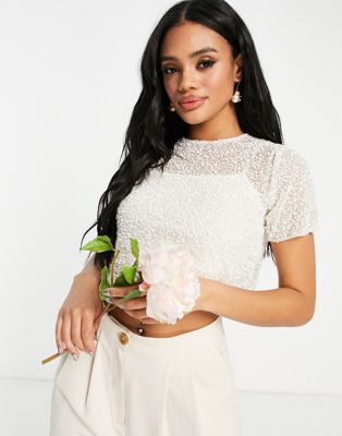 Lace & Beads Bridal Mix & Match short sleeve embellished top in ivory