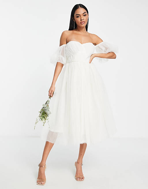 Lace & Beads Bridal off shoulder midi puff dress in ivory