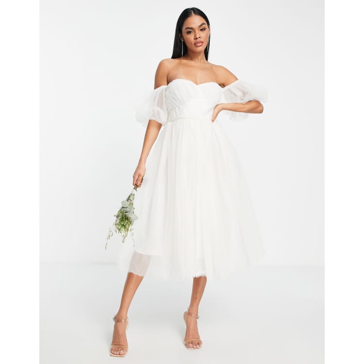 Lace & Beads Bridal off shoulder midi puff dress in ivory