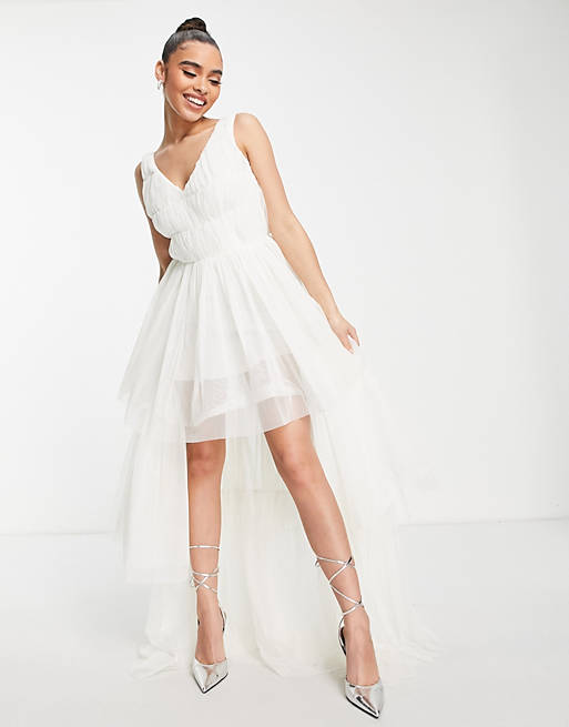 Lace & Beads bridal plunge front tulle mini dress with high low tiered skirt in ivory