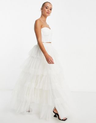 Lace & Beads Bridal ruched waist tiered maxi skirt in ivory