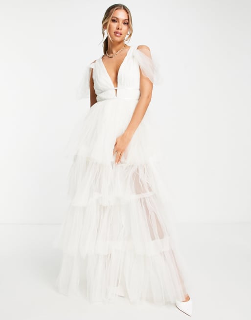Lace & Beads - Bridal - Vestito lungo da sposa in tulle avorio con scollo profondo