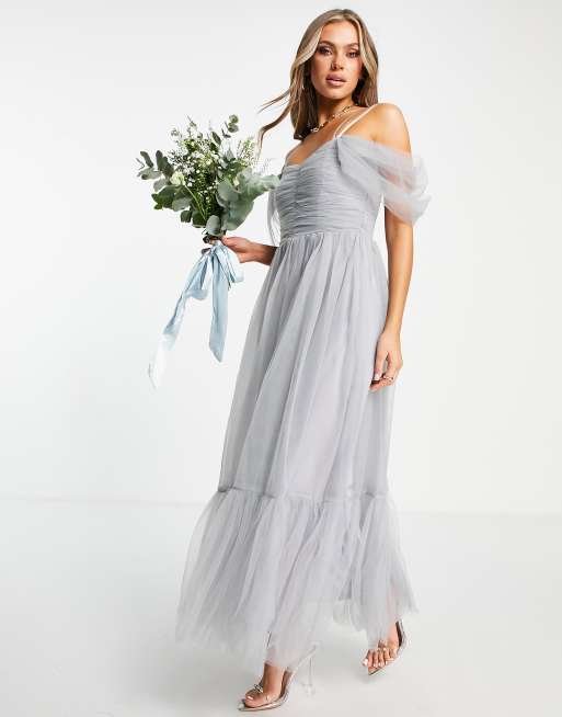 Lace & Beads Bridesmaid Alicia cross back tulle dress in blue, 4 of 4