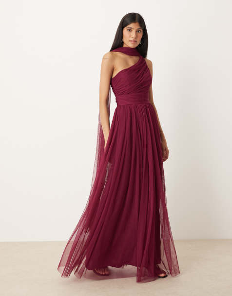 Lace & Beads Bridesmaid one shoulder scarf neck maxi dress in fig