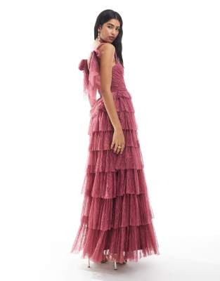 Bridesmaid bow shoulder lace tulle maxi dress in orchid-pink