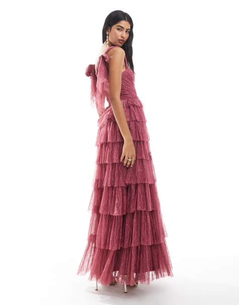 Lace & Beads Bridesmaid bow shoulder lace tulle maxi dress in orchid - view 1