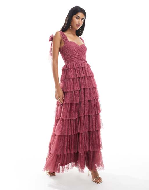 Lace & Beads Bridesmaid bow shoulder lace tulle maxi dress in orchid